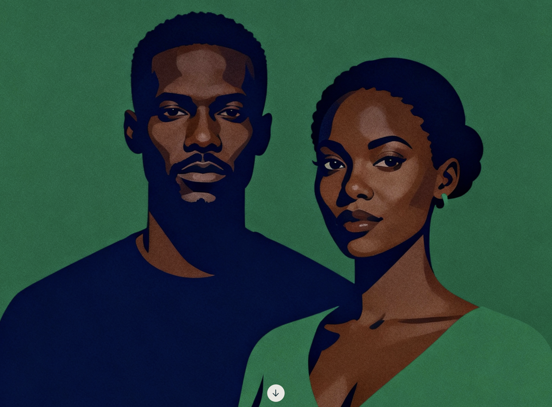 Digital illustration of a Black man and woman against a green background, both with serious expressions, wearing dark and green clothing respectively.