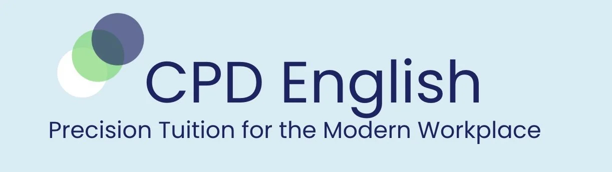 A light blue promotional banner for CPD English with a logo of overlapping circles and the text 'CPD English' and 'Precision Tuition for the Modern Workplace'.
