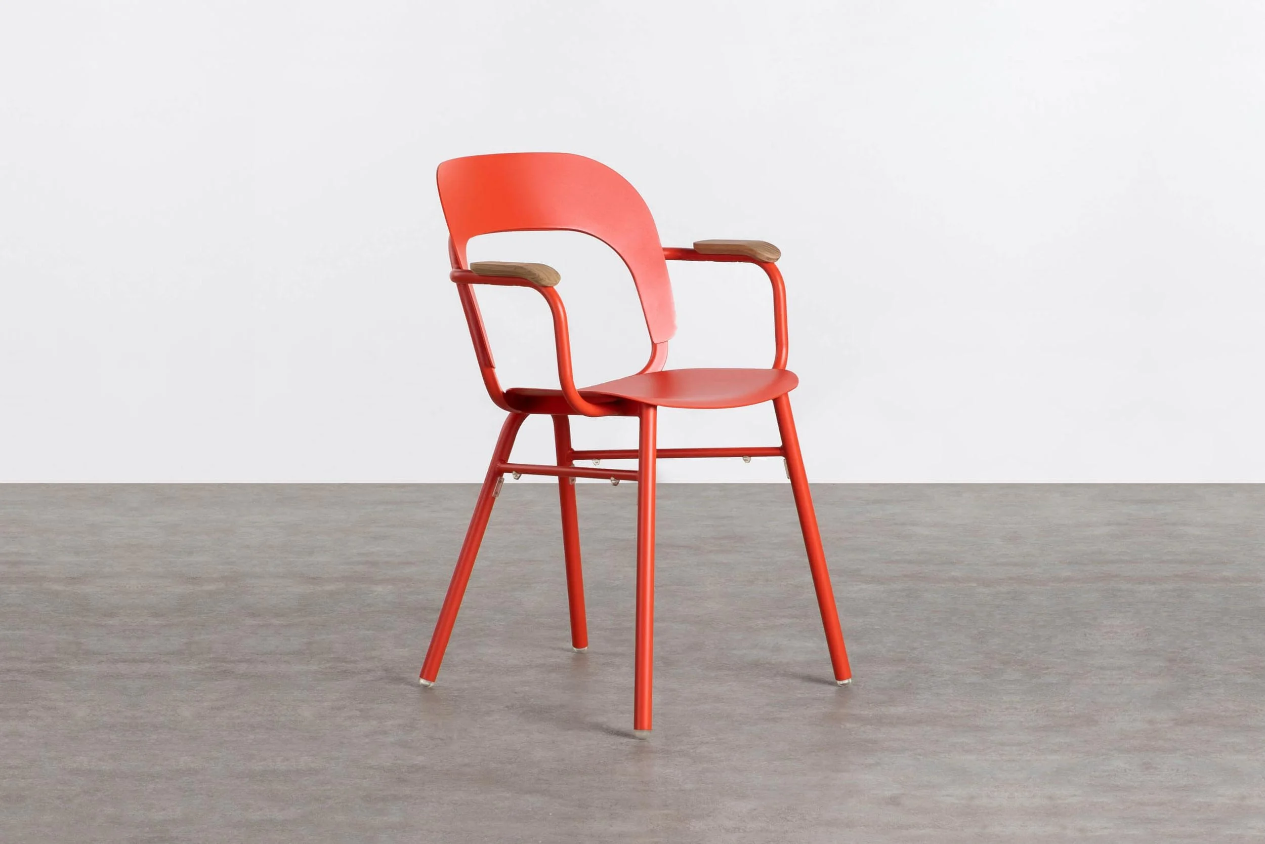 Outdoor chair with wooden armrest