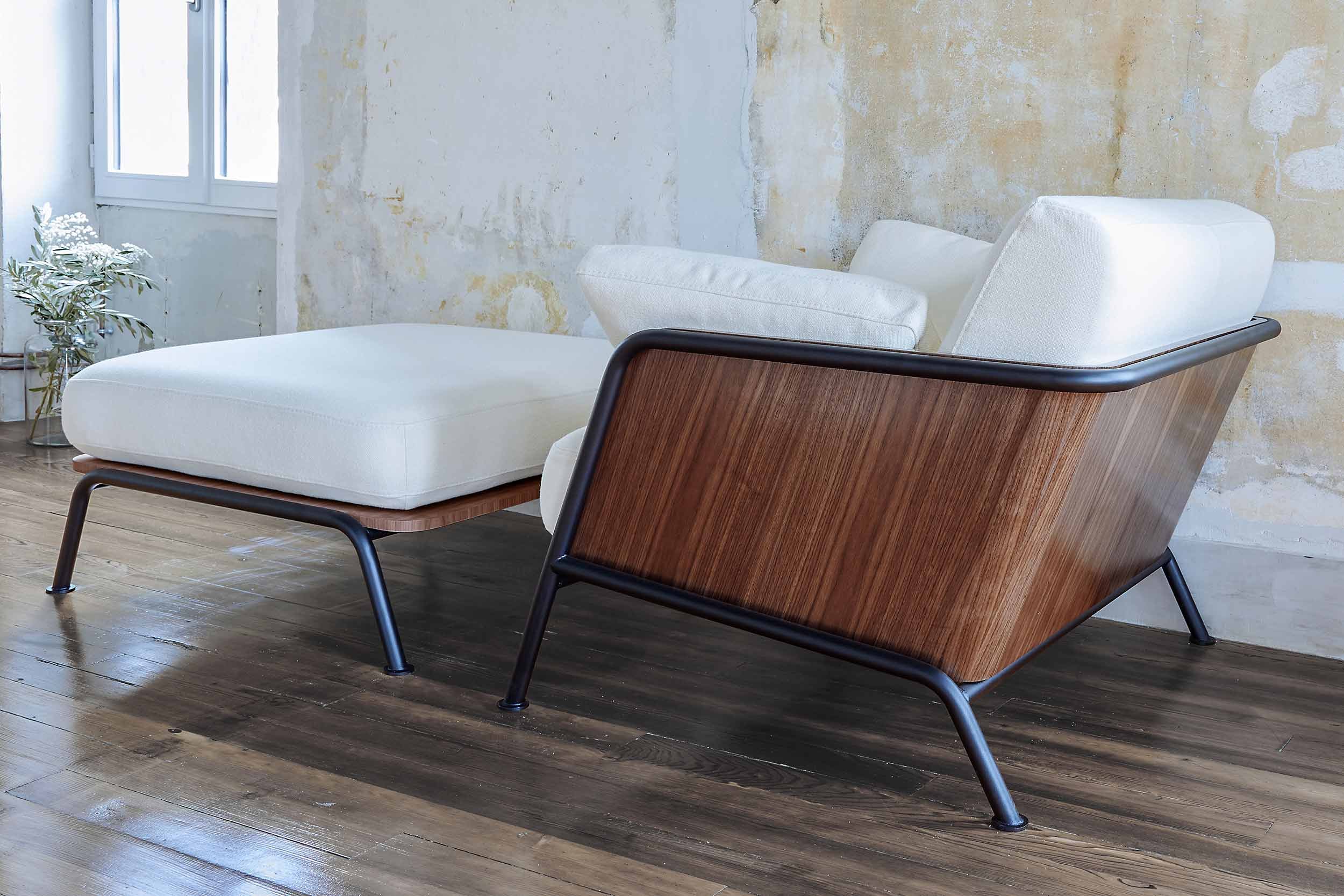 Lou Rey walnut crate armchair and ottoman