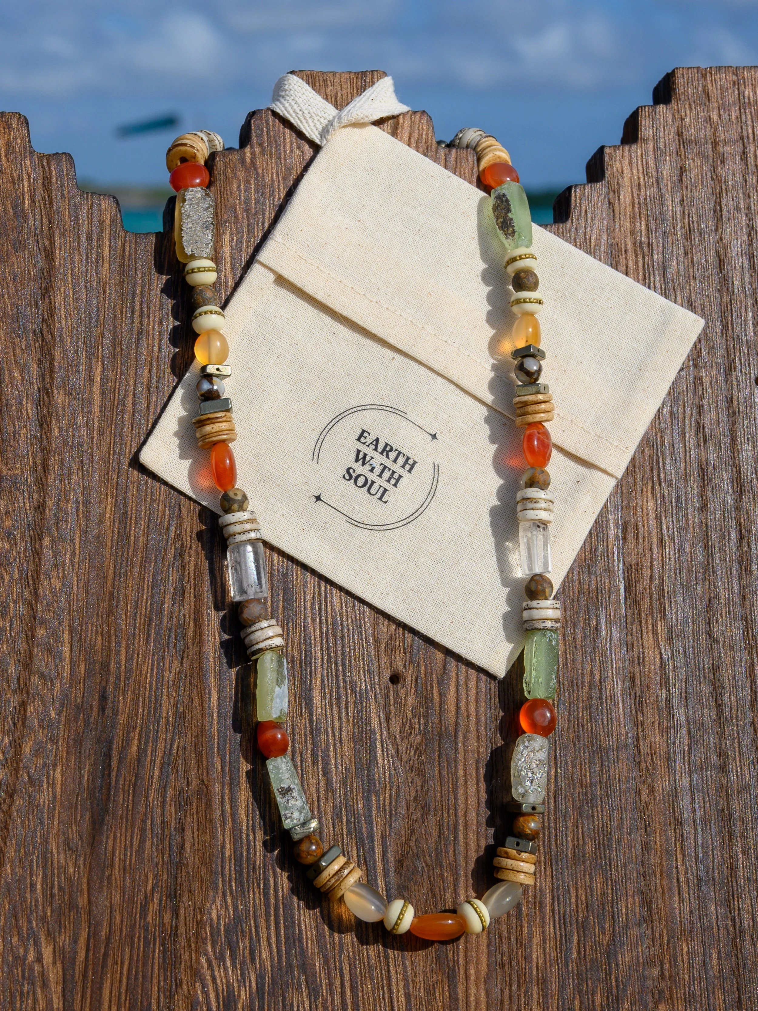 NR. 40 
Rutilated Glass*Brown Heshi Disk*White Bone Mala with Brass inlay