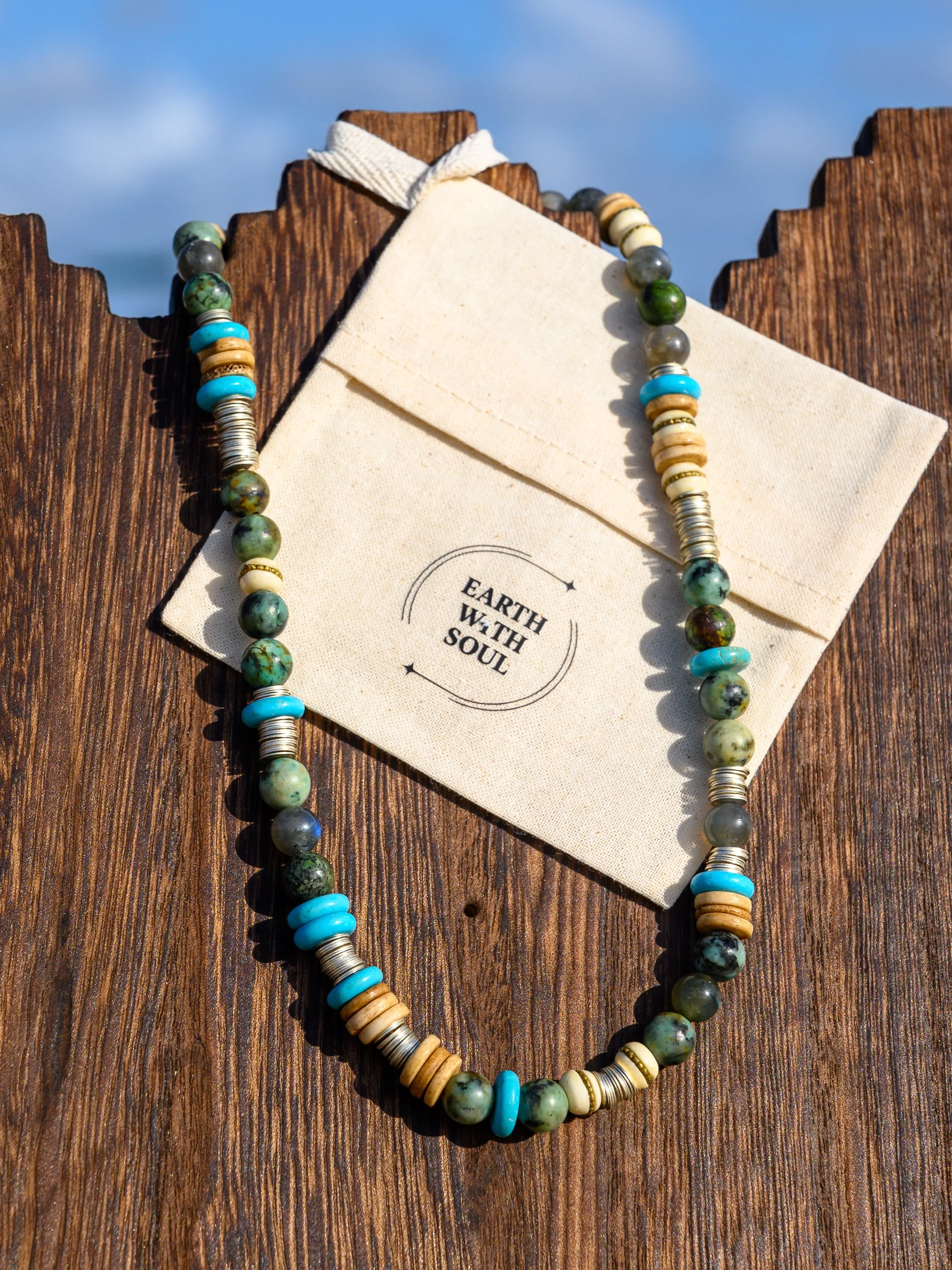 NR. 7 
African Turquoise*Brown Bone*Turquoise Heshi Disk*White Bone Brass inlay