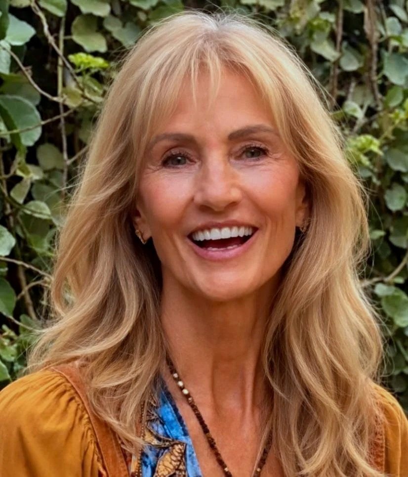 A smiling woman with long blonde hair and light skin, outdoors with green foliage in the background.
