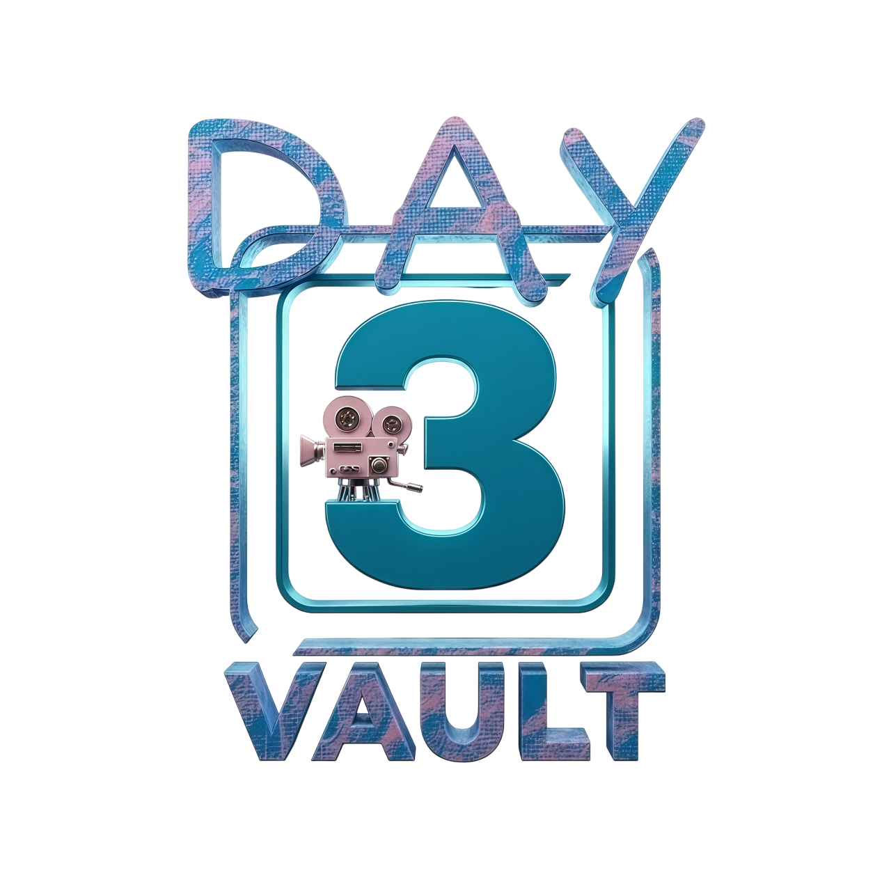 Three Vault logo with a stylized blue number 3, pixelated and metallic, featuring a vintage film camera graphic, with text 'Vault' written below.