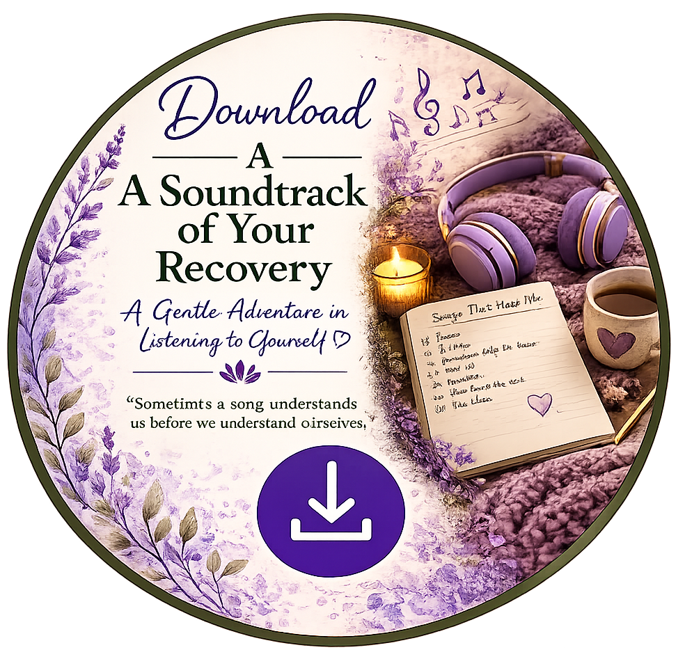 A round graphic with purple and lavender hues, featuring a candle, headphones, a notebook, and a cup of coffee, promoting downloading a soundtrack for recovery and self-listening.