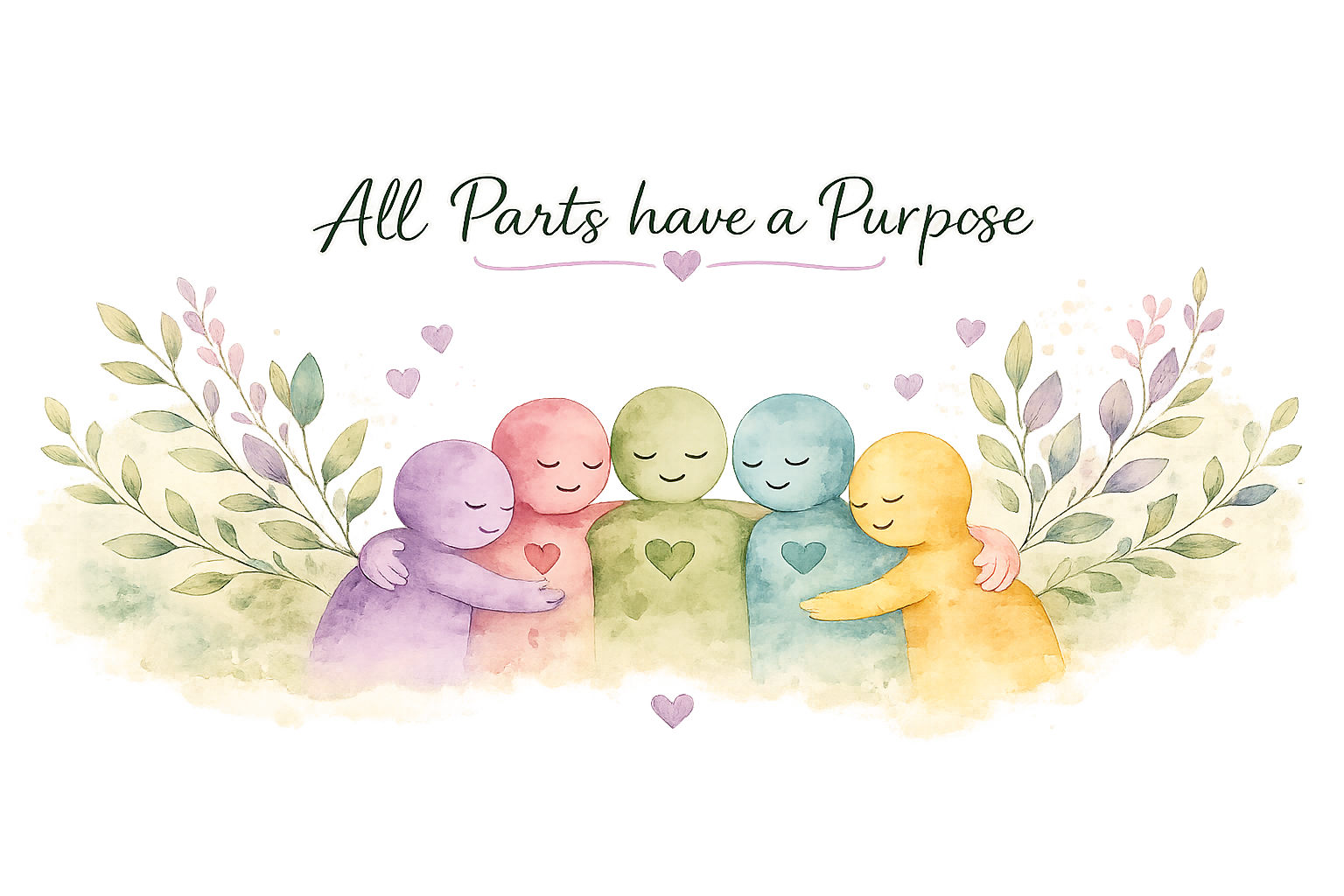 Watercolor illustration of five colorful, cheerful figures hugging, each with a heart on their chest, surrounded by leafy branches and a soft, pastel background. Text reads 'All Parts have a Purpose' at the top.