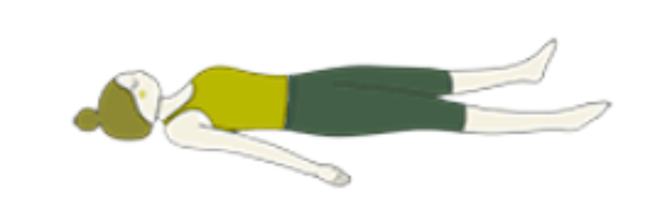 Simple illustration of a person lying on their back, wearing a green sleeveless top, green shorts, and a beige hat