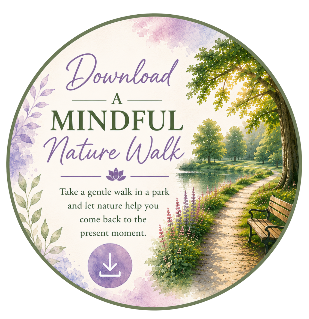 A park scene with a paved walking path beside a pond, bordered by flowers and trees, with a bench and a large leafy tree on the right, promoting a mindful nature walk download.