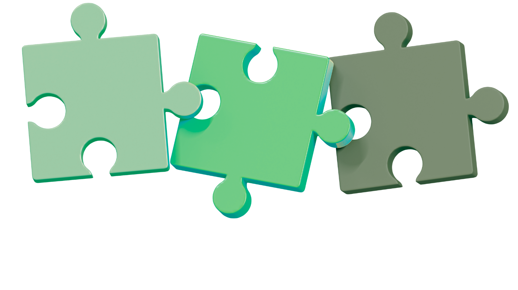 Three interlocking puzzle pieces in shades of green with three protruding tabs.
