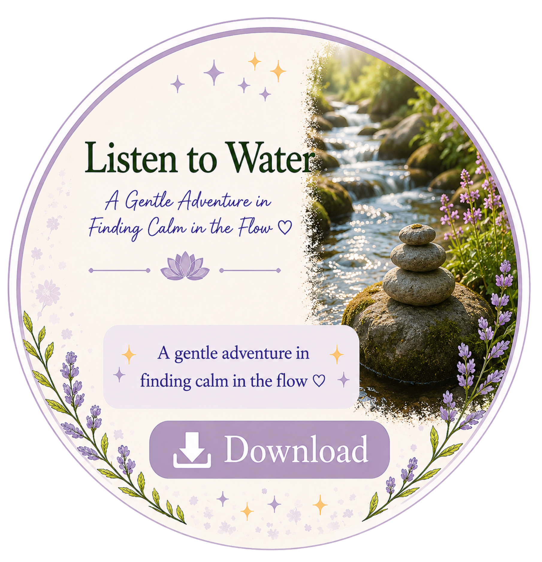 Product label titled "Listen to Water" with a subtitle "A Gentle Adventure in Finding Calm in the Flow" and a heart symbol. The design features an illustration of lavender flowers and a photograph of a flowing creek with rocks, Moss, and purple flowers, surrounded by a floral border.