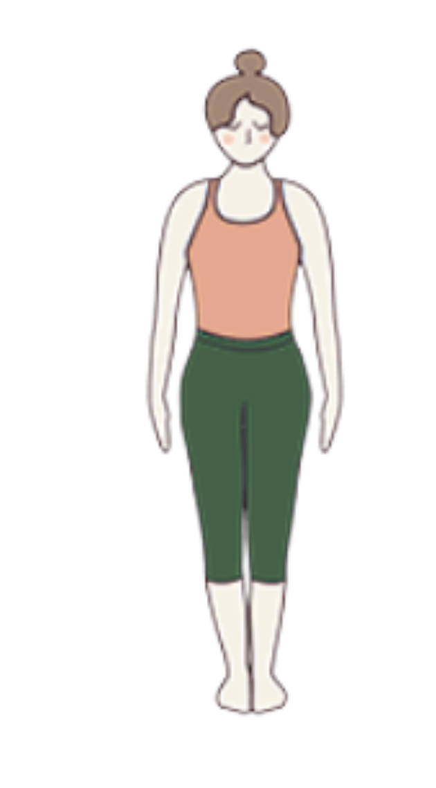 Illustration of a woman with brown hair in a bun, standing with arms relaxed at sides, wearing a peach-colored sleeveless top and dark green pants.