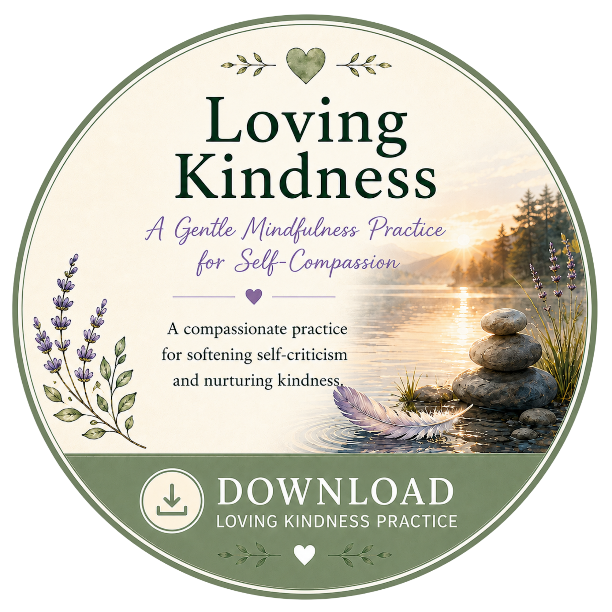 A circular graphic with a nature scene at sunset, a stack of stones, and lavender, promoting a loving kindness practice download.