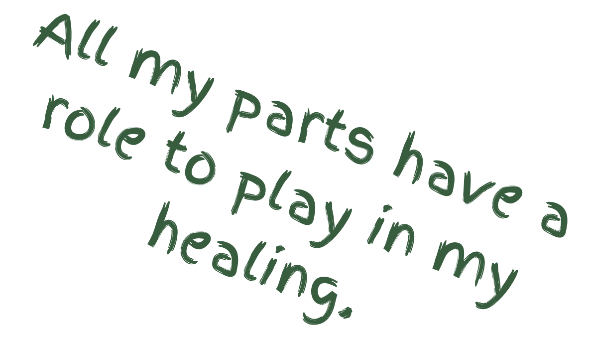 Decorative text saying 'All my parts have a role to play in my healing' in green cursive font on a black background.