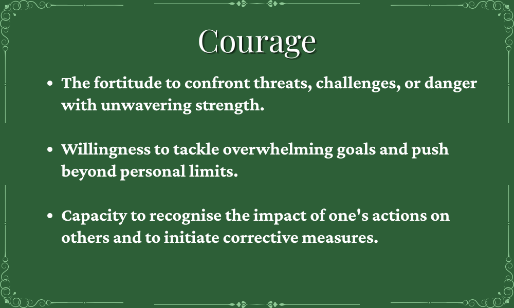 Green background with the word 'Courage' at the top and three bulleted definitions about courage including strength to face threats, willingness to push goals, and recognizing impact of actions.