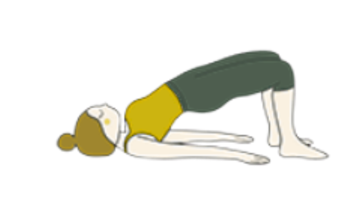 A cartoon illustration of a person performing a child's pose yoga stretch, lying face down with arms extended forward and knees bent under their torso.
