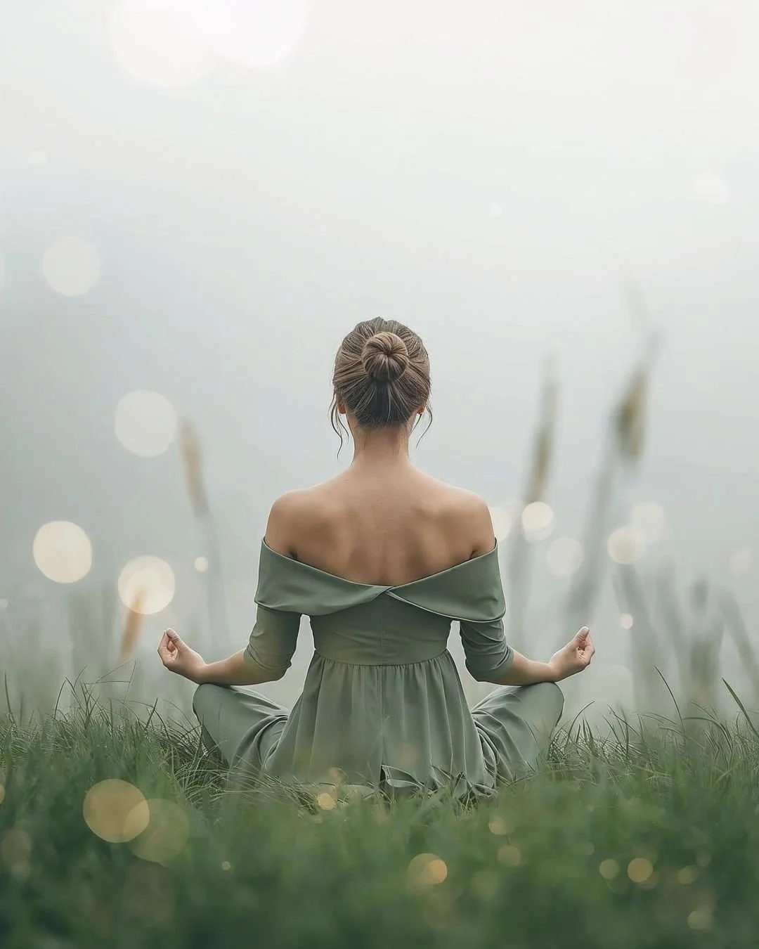 A woman sitting in a peaceful pose outdoors, facing away, surrounded by fog and tall grass, with soft light creating a serene atmosphere, practicing meditation or yoga.