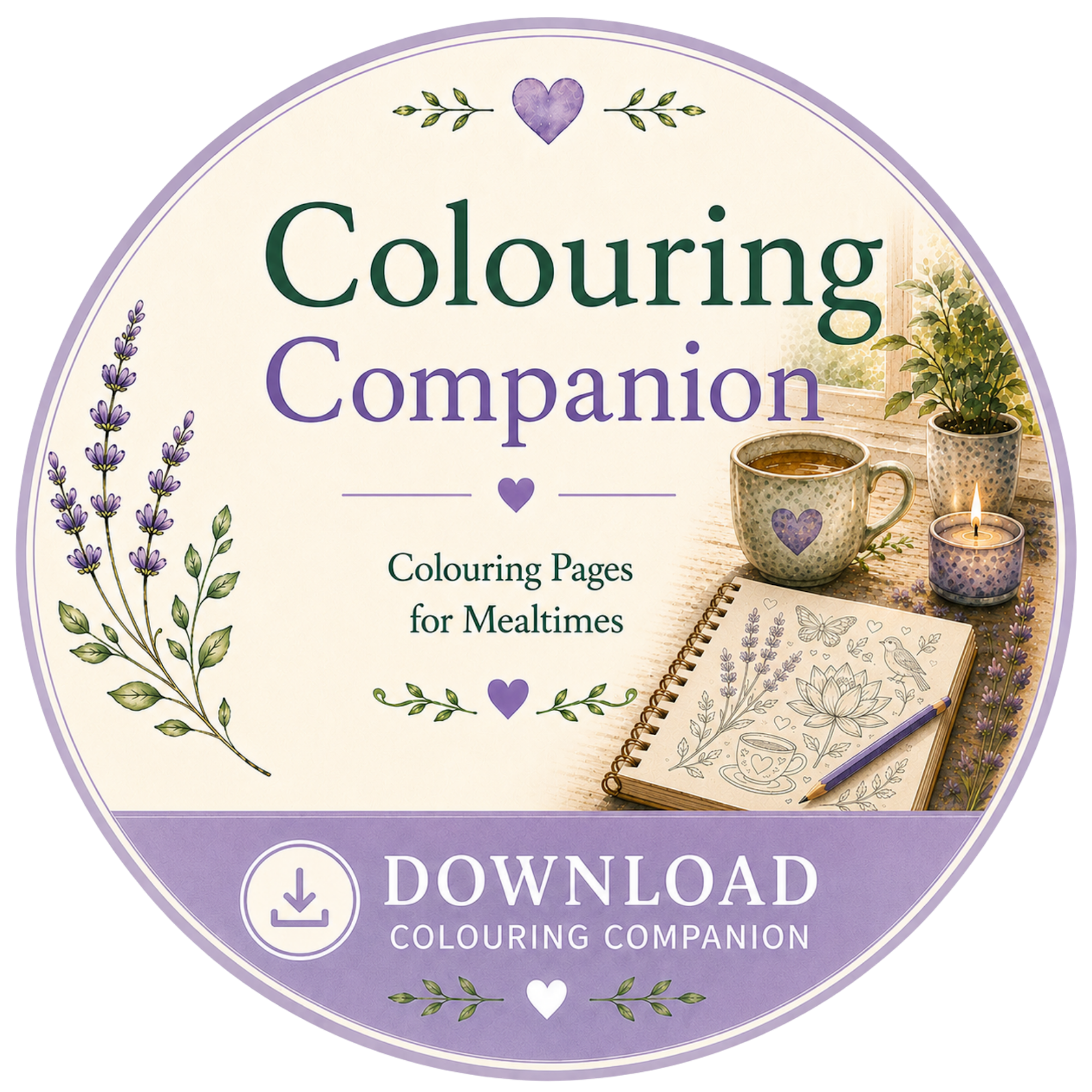 Cover of a coloring book titled "Colouring & Collage" featuring purple hearts, lavender flowers, potted plants, a mug, and a notebook with illustrations for coloring, with a purple download button below.