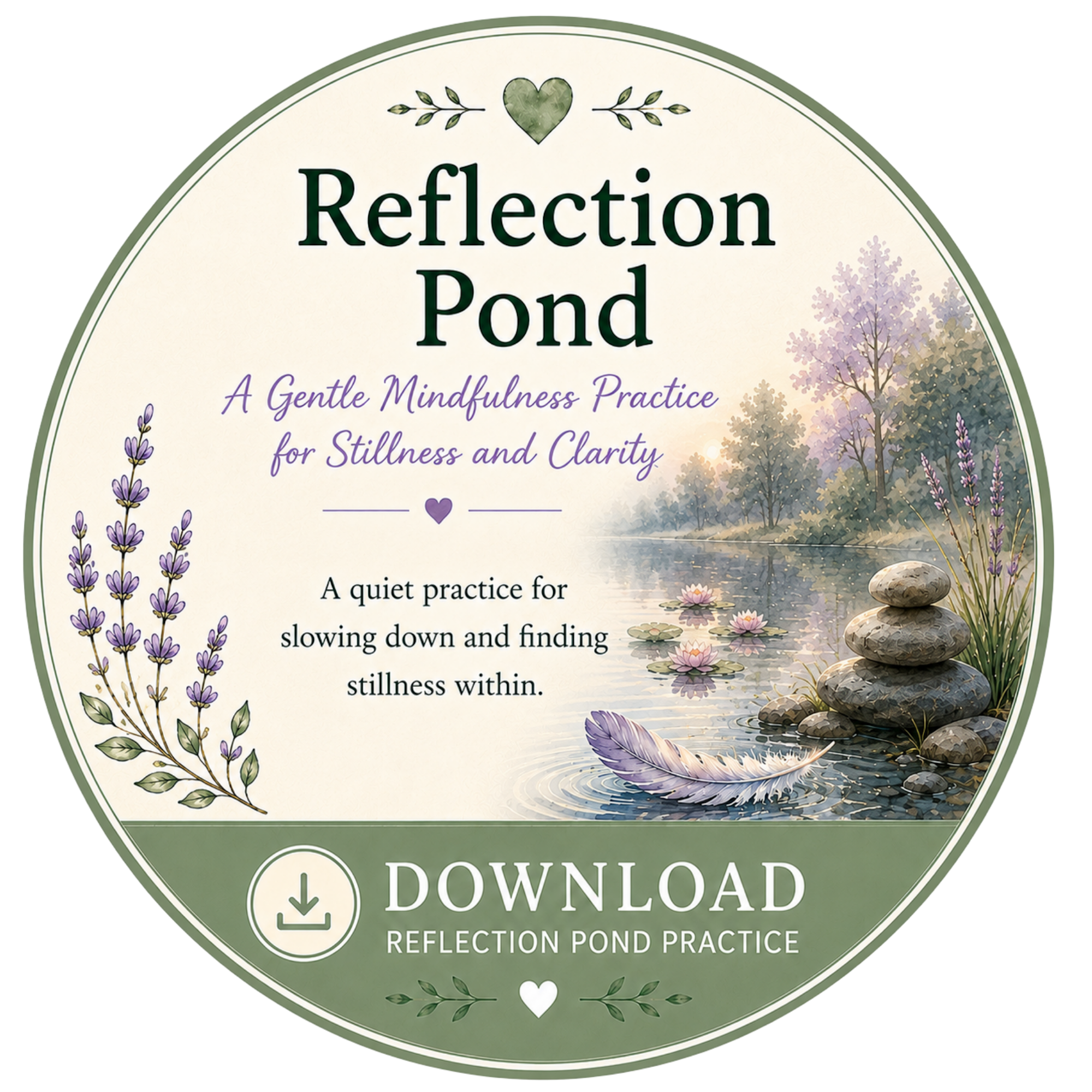 A circular logo with a nature-themed design promoting reflection pond practice and mindfulness. It features water lilies, rocks, and trees in pastel colors, with a download icon and the text 'Reflection Pond' and 'Reflection Pond Practice'.