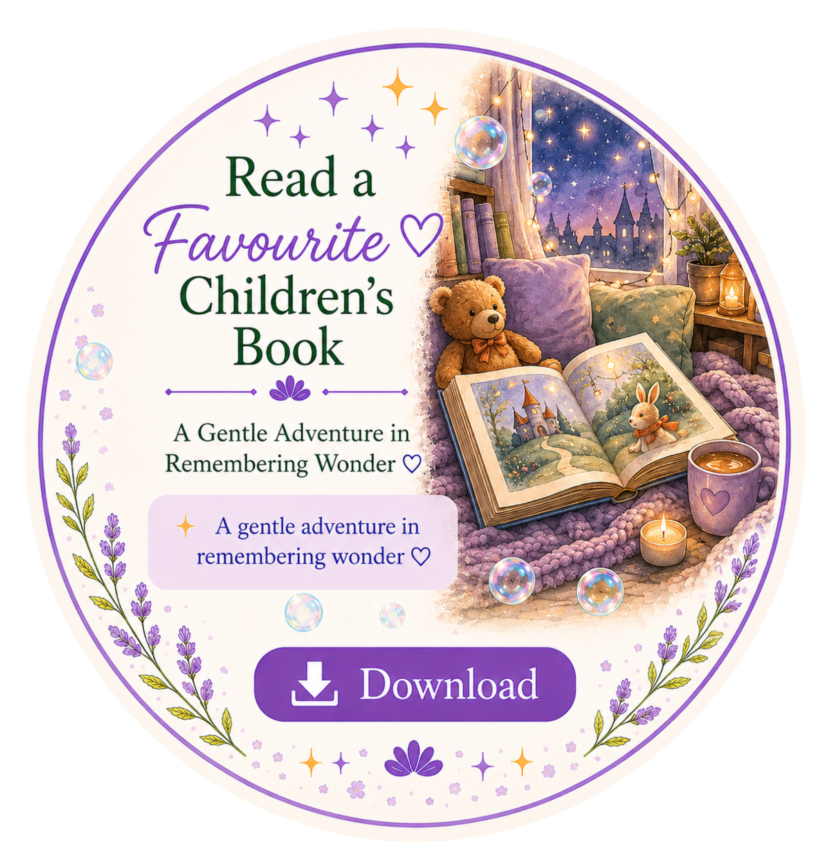 A circular book cover with the title 'Read a Favorite Children's Book' and the subtitle 'A Gentle Adventure in Remembering Wonder,' featuring an illustration of a cozy room with a teddy bear, an open storybook, candles, plants, and a window showing a starry night sky with a castle silhouette.