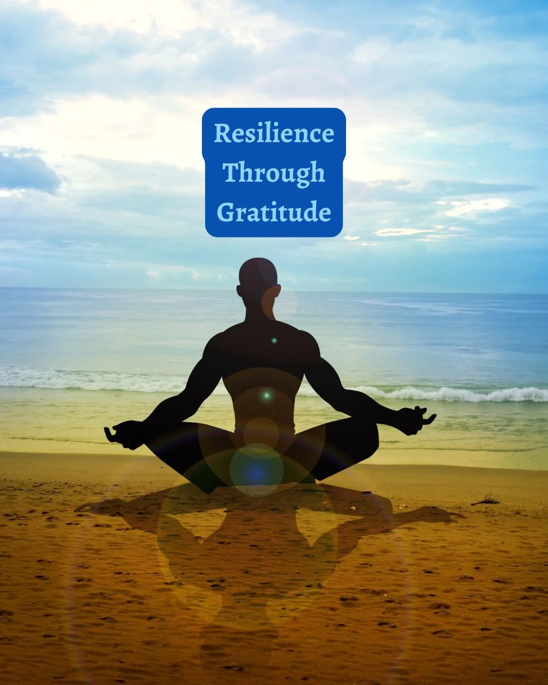 Silhouette of a person practicing yoga on a beach at sunset with the words "Resilience Through Gratitude" in a blue box in the sky.