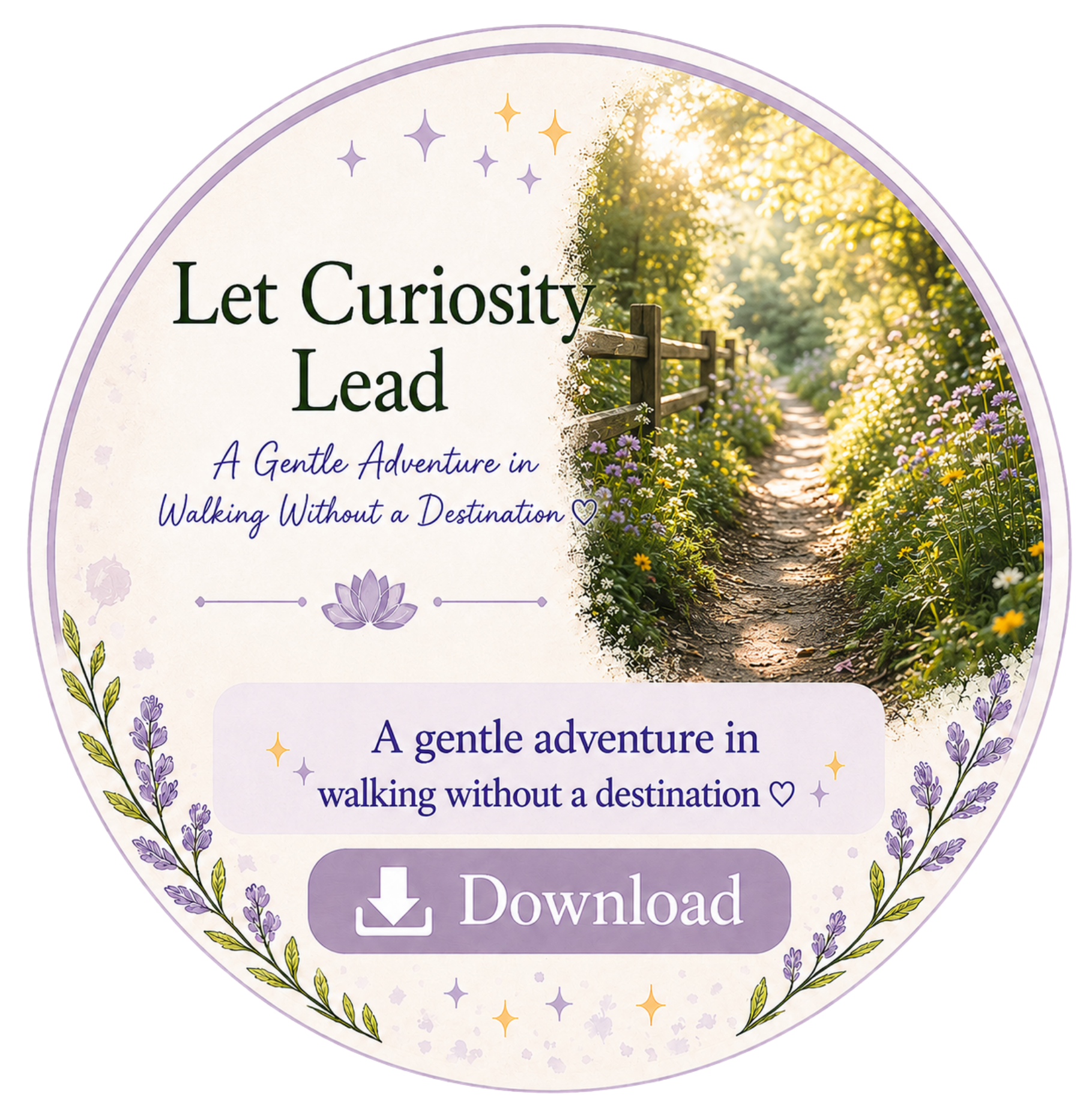 A circular graphic with a photograph of a sunlit forest path on the right side and the text "Let Curiosity Lead" and "A gentle adventure in walking without a destination" on the left side, decorated with lavender flowers and star icons.