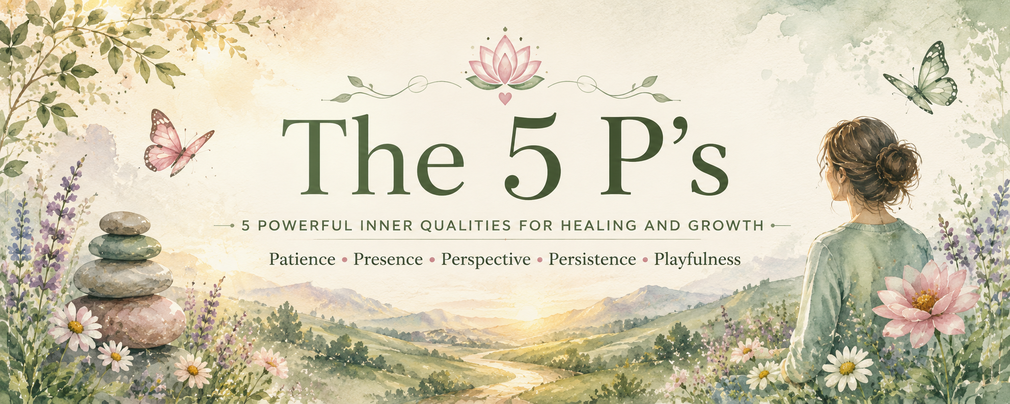 A watercolor-style illustration titled "The 5 P's" promoting inner qualities for healing and growth, featuring a woman with her back turned, butterflies, lotus flowers, a mountain landscape, and a stack of balanced stones.