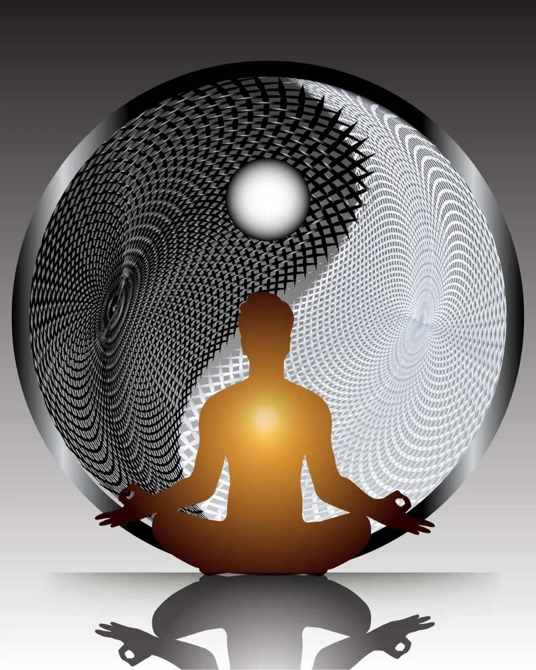 A digital illustration of a person meditating in a yoga pose in front of a spherical, abstract background with concentric patterns and a yin-yang symbol.