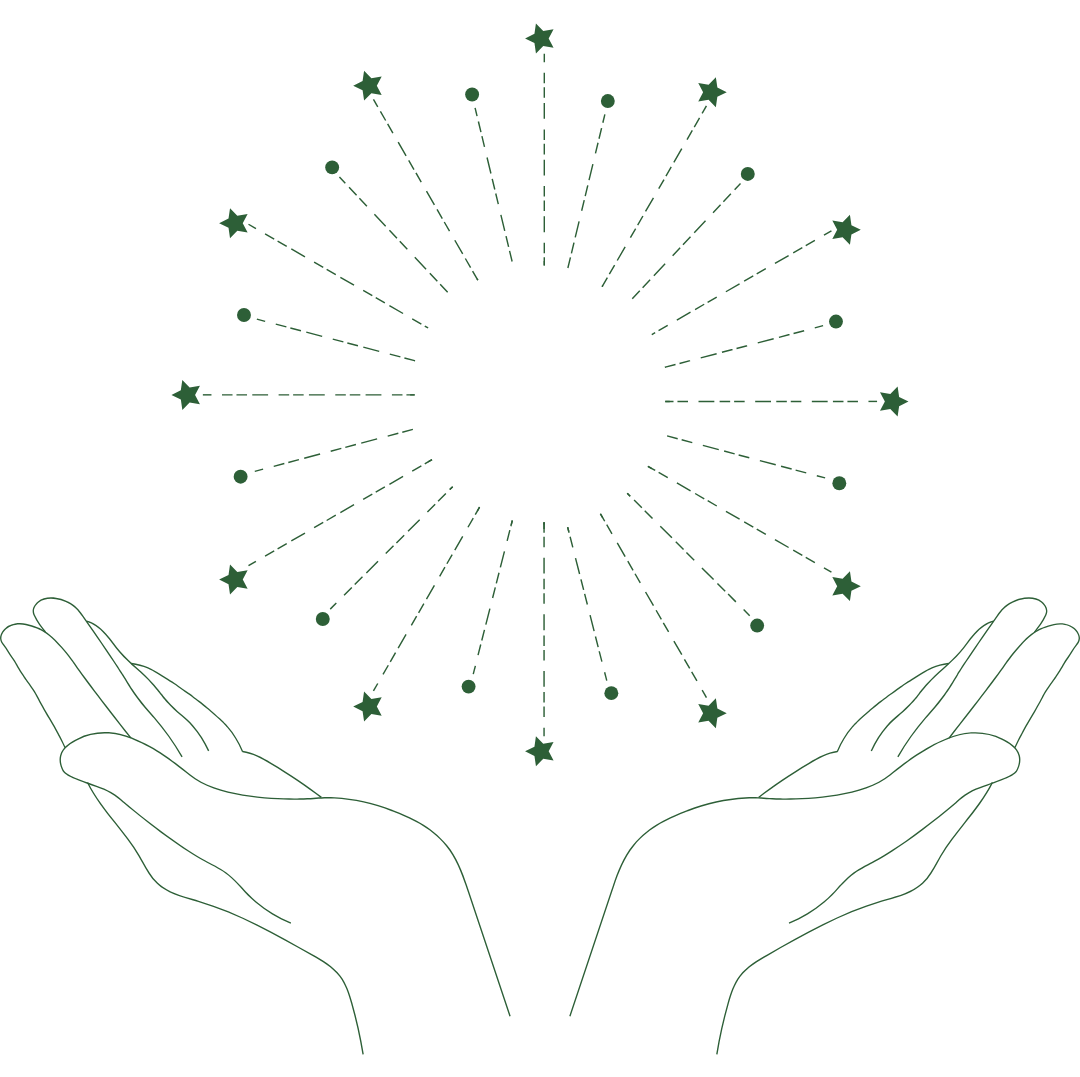 Two hands outlined in green hold a circular arrangement of starry and dotted lines radiating outward, resembling a starburst or fireworks display.