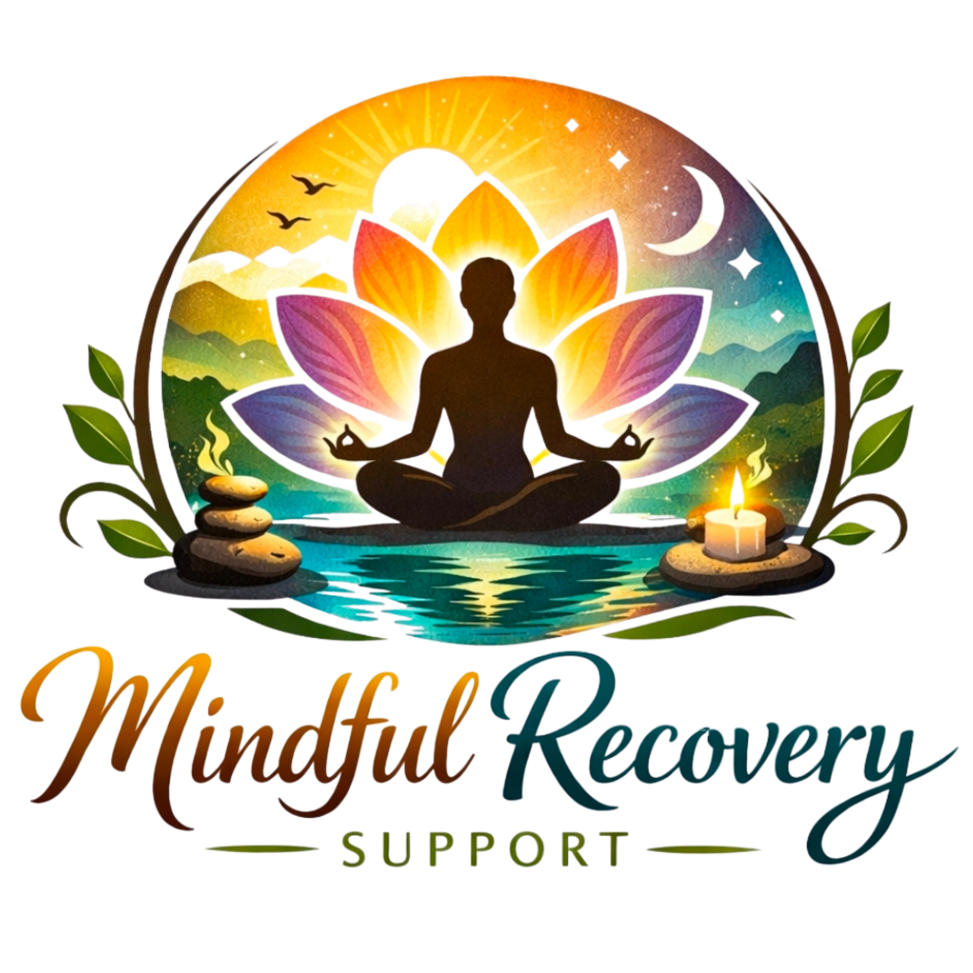 Colorful logo with silhouette of a person in a meditation pose, surrounded by a lotus flower, sunset, mountains, birds, moon, star, candles, and water, with text supporting mental health.
