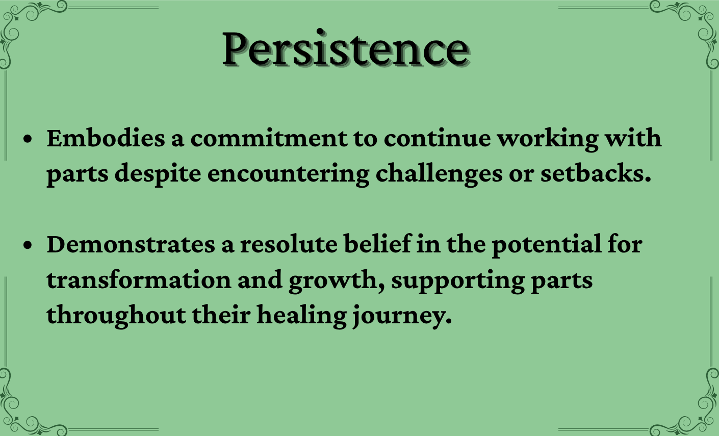 A green presentation slide with the title "Persistence" and two bullet points discussing perseverance and growth.