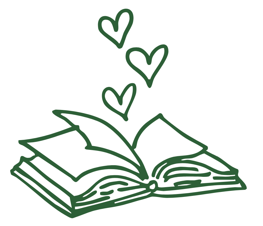 Open book with hearts floating above, drawn in green outline