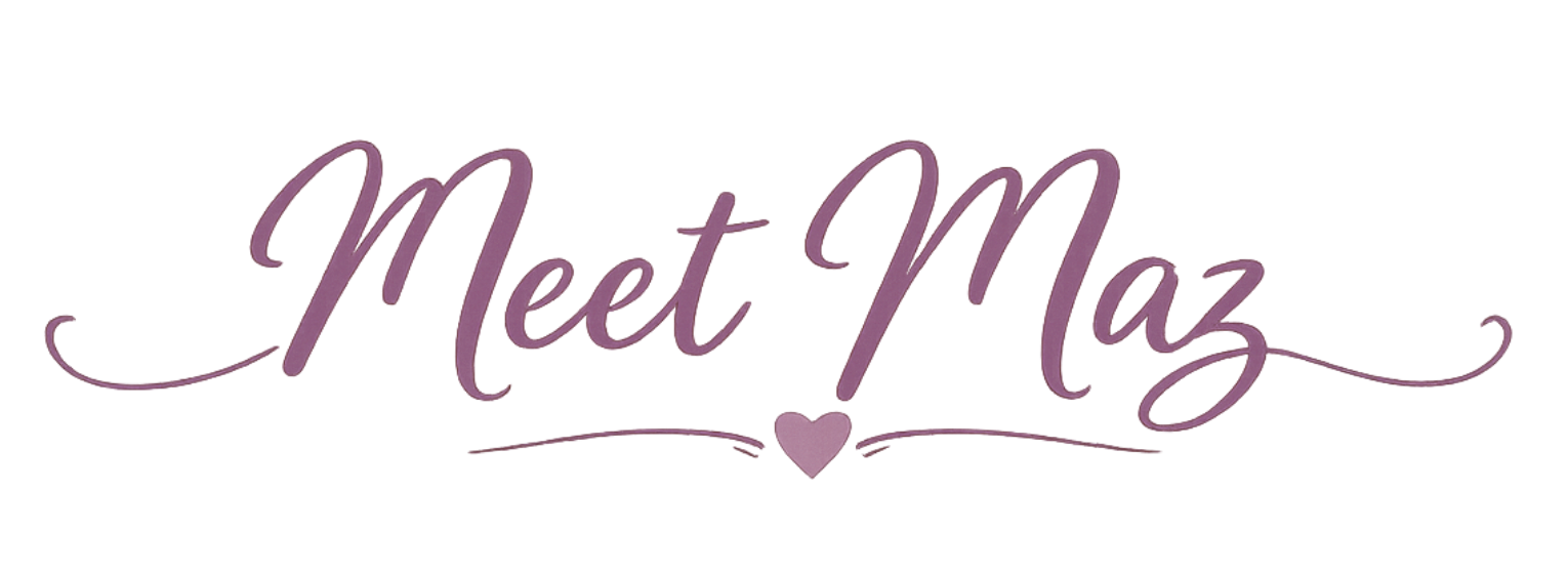 Stylized text reading "Meet Maz" with a small heart below the text, in purple and pink colors.