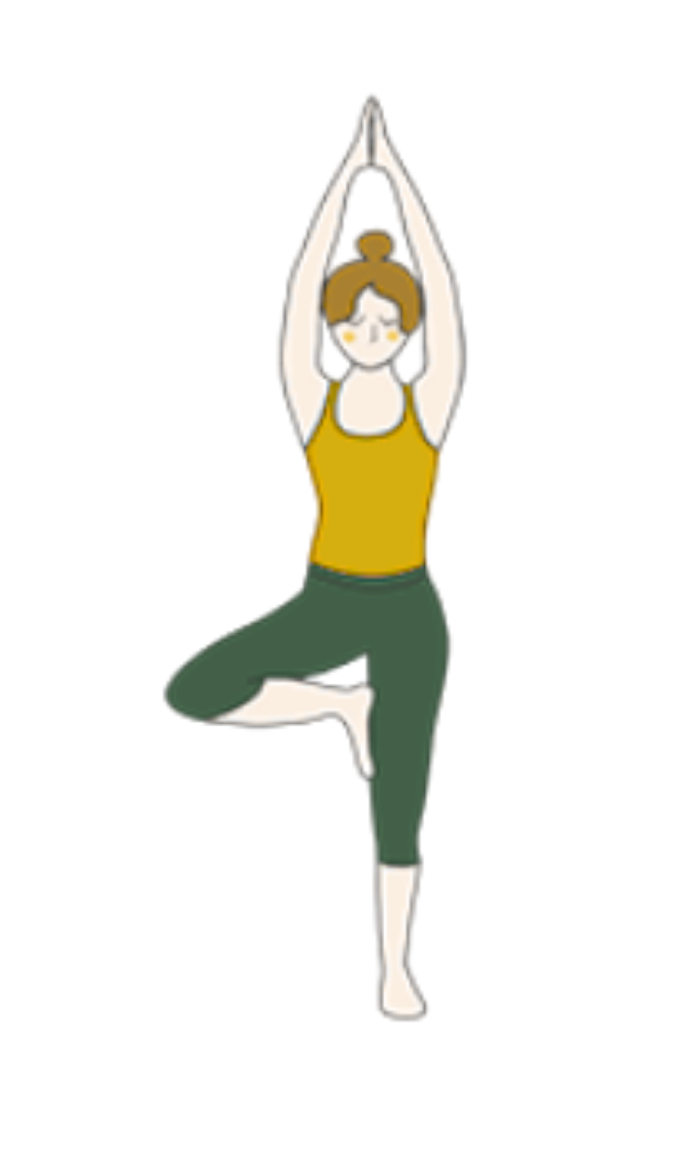 A cartoon woman practicing yoga in a tree pose, standing on one leg with hands pressed together above her head.