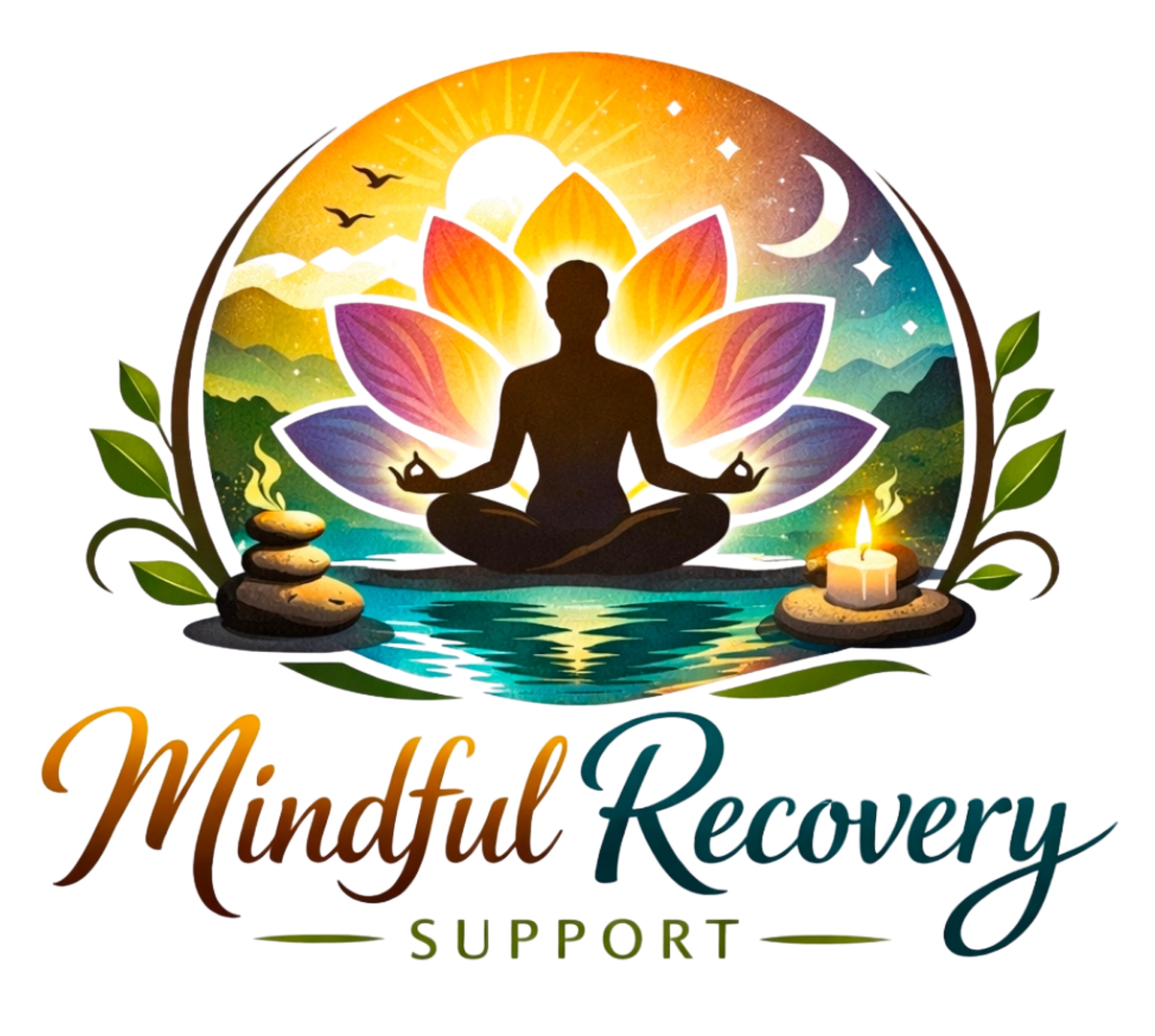A colorful logo with a person meditating in a lotus pose, surrounded by a sun, moon, birds, and nature elements. Includes water, rocks, and plants, with the words 'Spiritual Healing Support' in vibrant text.