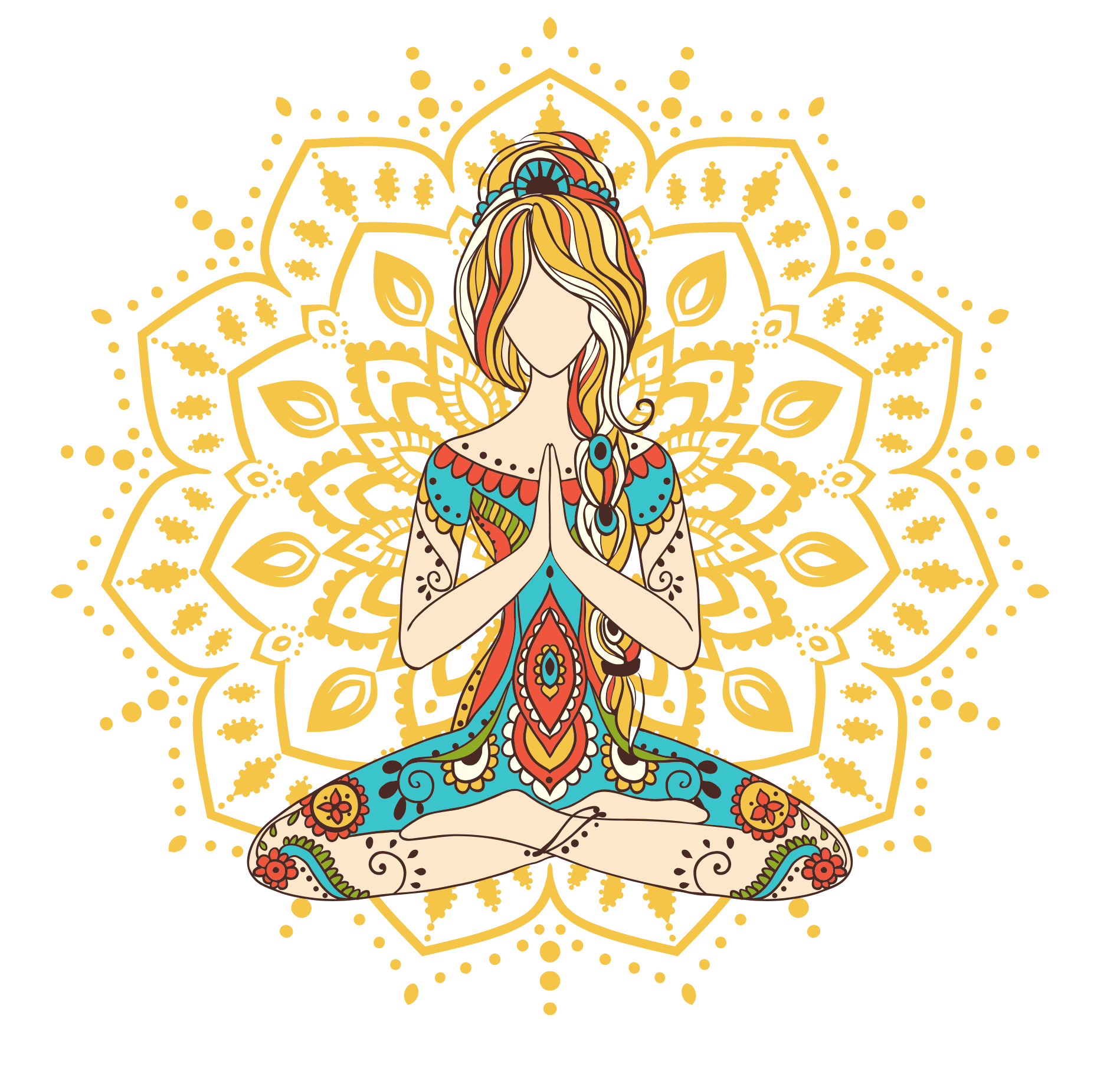 Illustration of a woman in a yoga pose with a detailed mandala design behind her, featuring vibrant colors and intricate patterns.