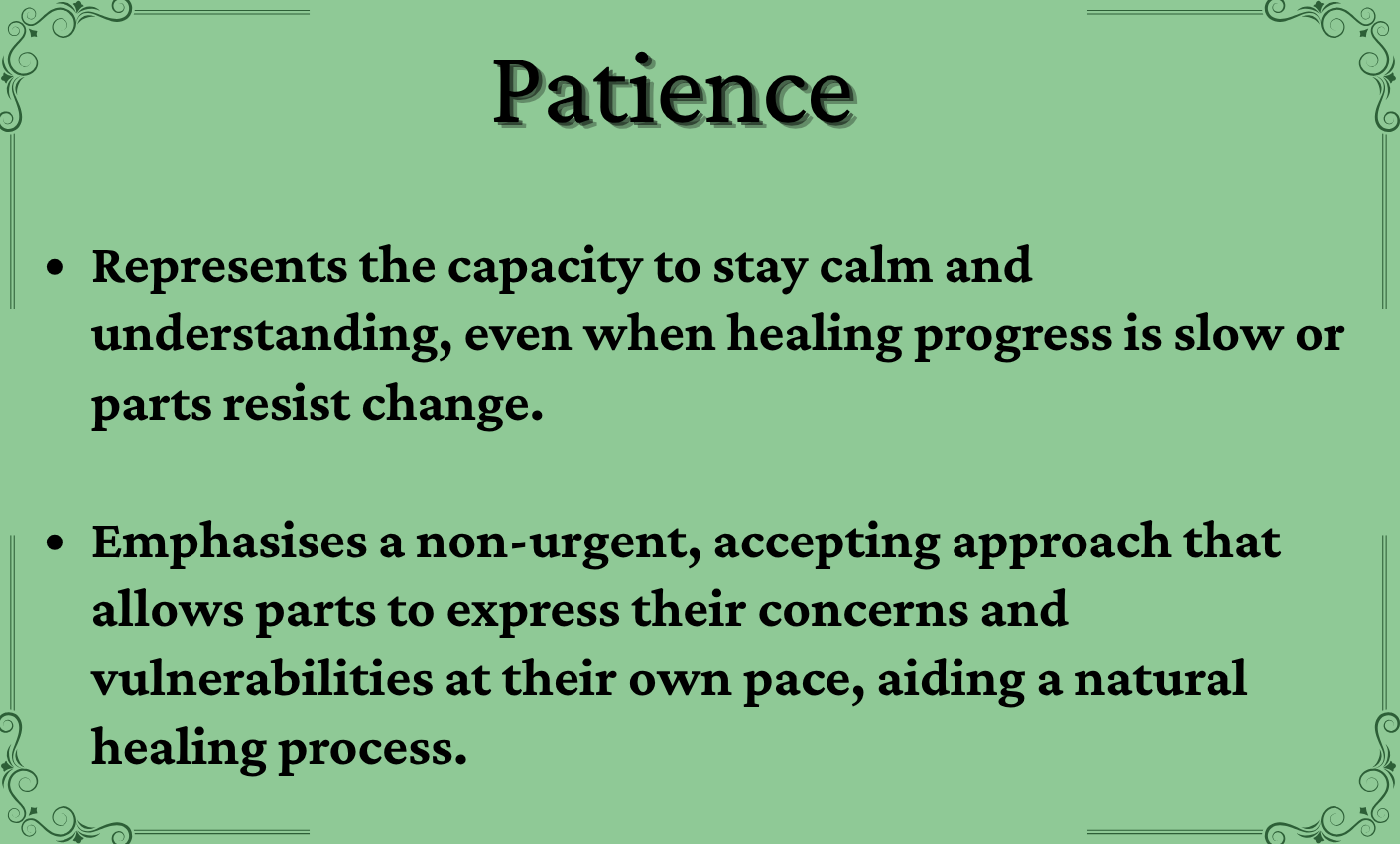 A green poster with decorative borders explaining the concept of patience, including its meaning and importance in healing and understanding.