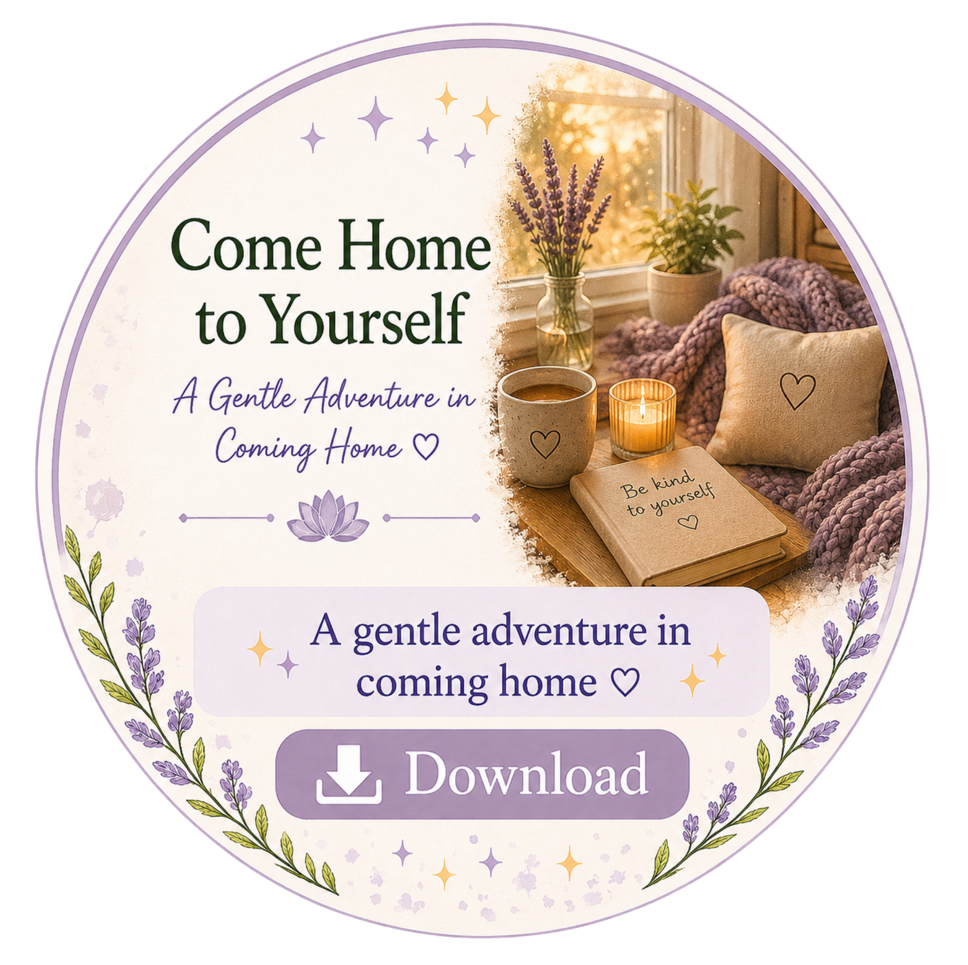Decorative image with a lavender flower bouquet on a windowsill, a candle, a coffee mug, a cozy blanket, and a pillow with a heart, promoting a calming message about coming home and self-care, with a download button on a lavender floral background.