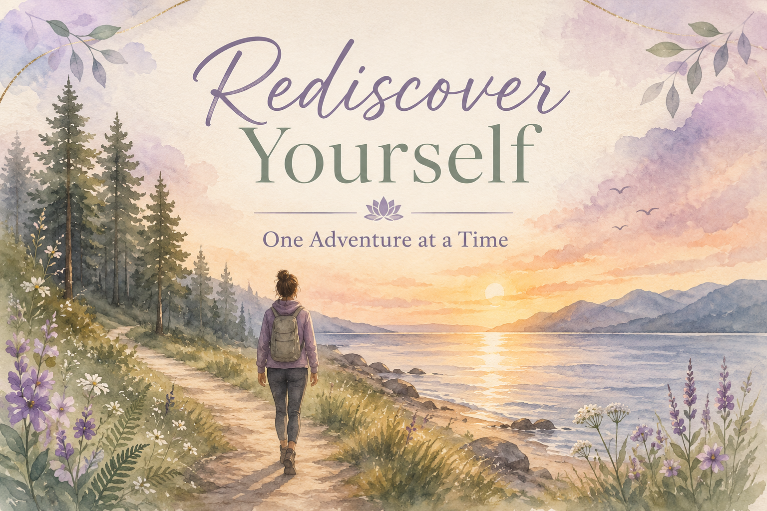 A watercolor illustration of a woman walking on a trail along a lake at sunset, with mountains in the background, trees on the left, and flowers in the foreground. The text reads 'Rediscover Yourself' and 'One Adventure at a Time'.