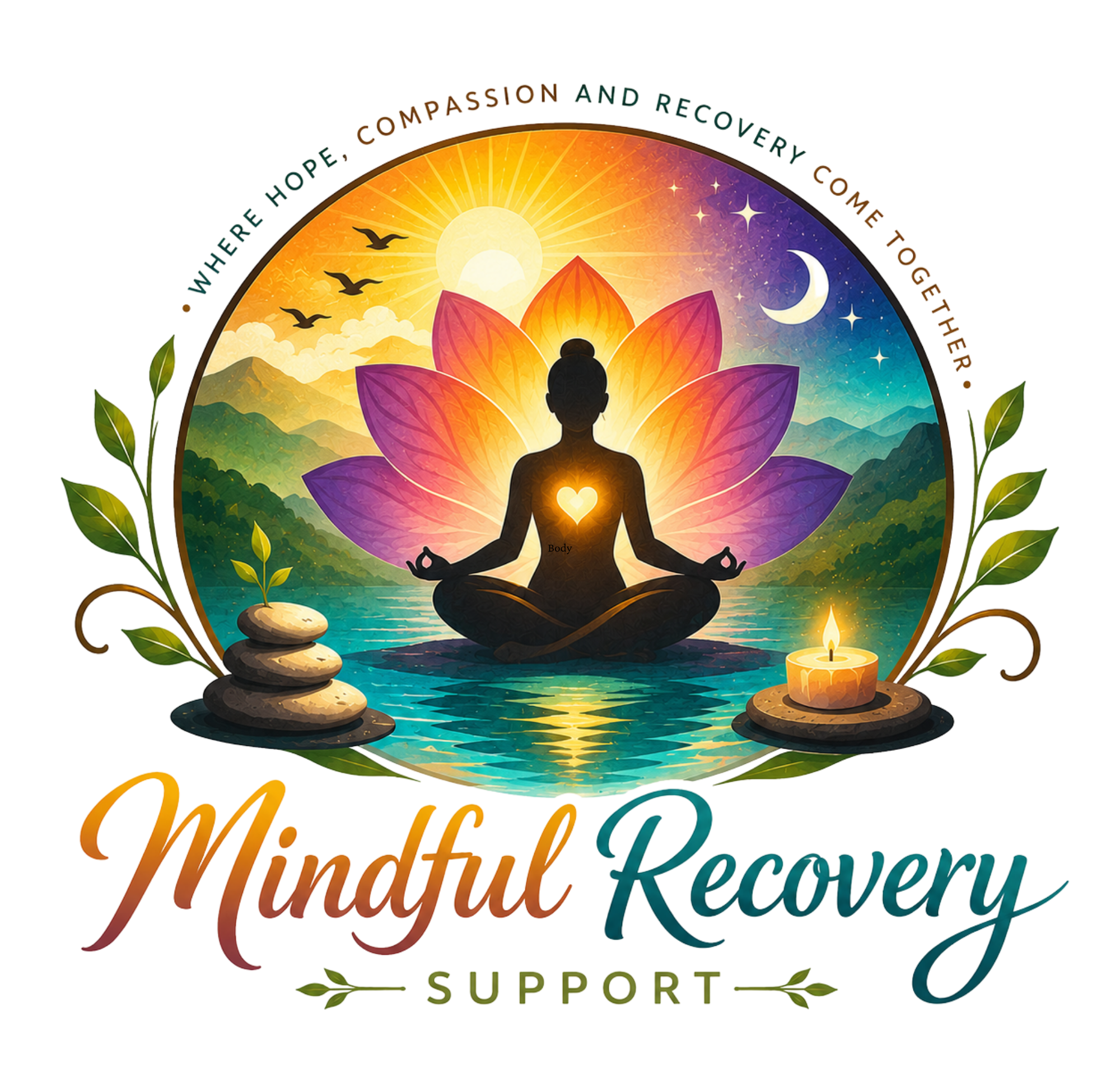 A colorful digital illustration with a silhouette of a person meditating in a lotus pose, surrounded by a large flower, mountains, and a lake. The scene features a bright sun, crescent moon, and stars, with text saying 'Support Body Hope Compassion and Recovery.'