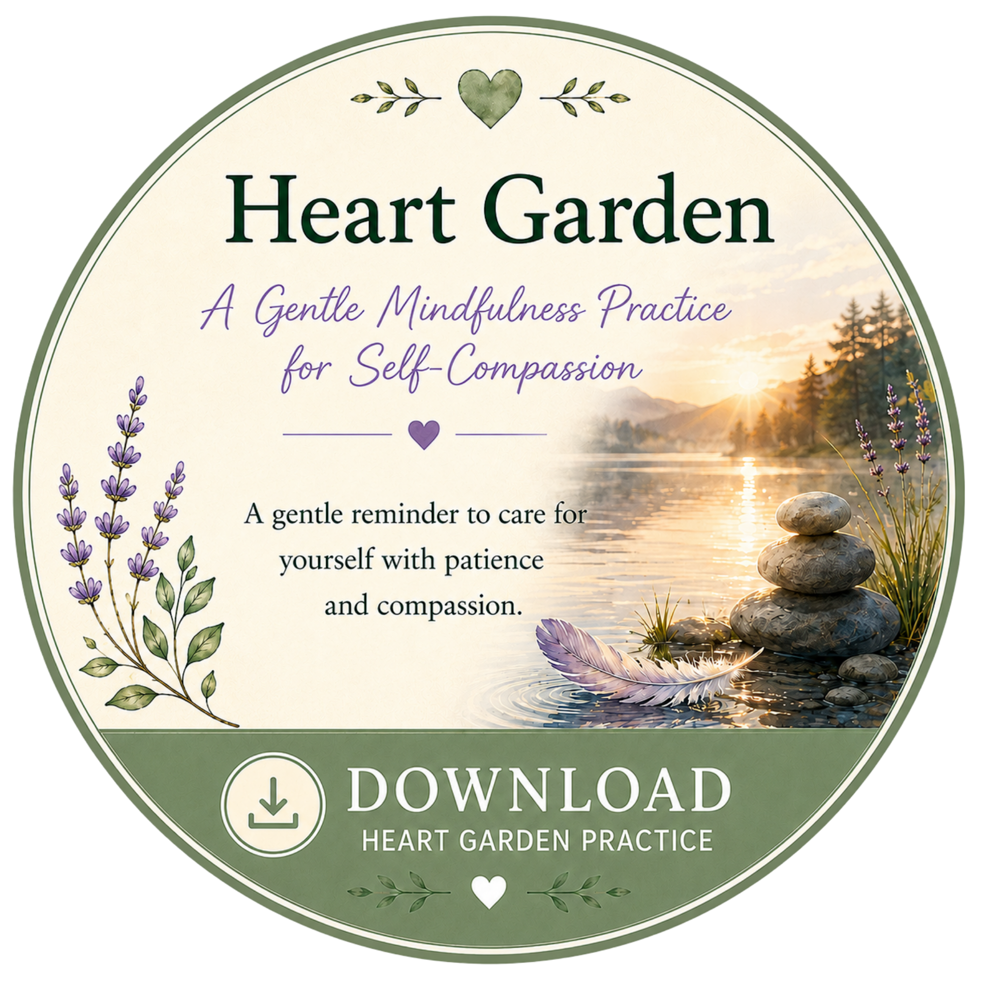 A circular logo featuring a serene mountain lake scene with a sunset, surrounded by lavender sprigs and small hearts, promoting a heart garden mindfulness practice and a downloadable heart garden instructor guide.