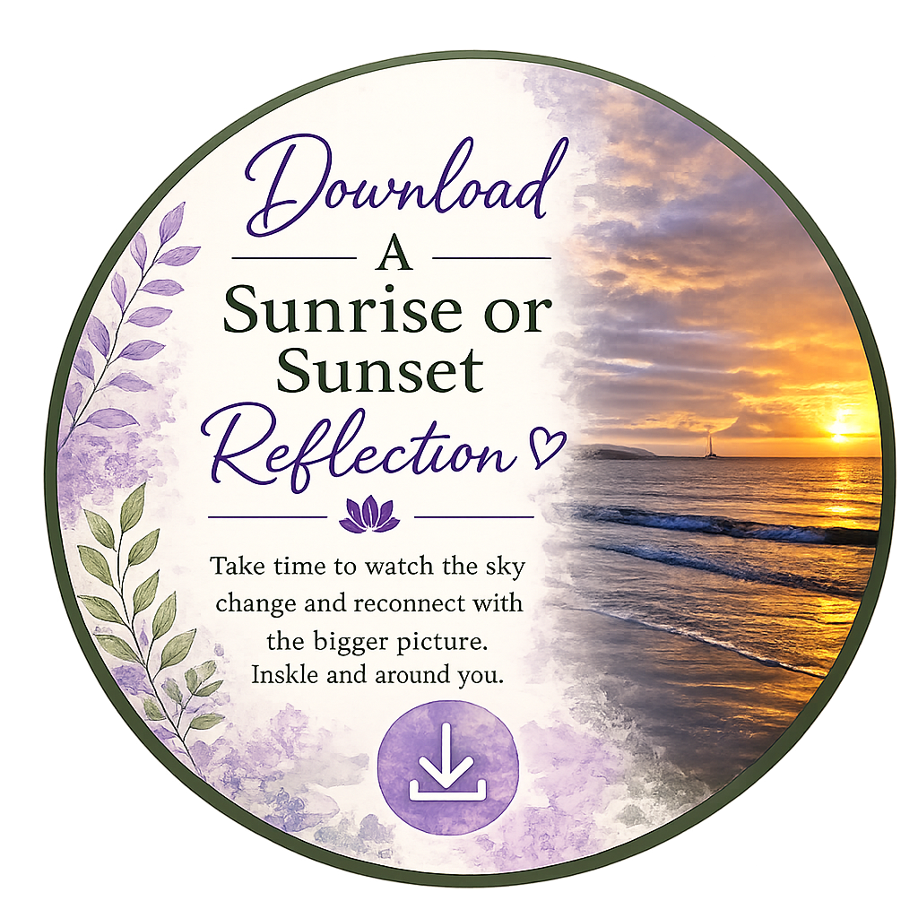 Circular graphic with a sunset or sunrise over the ocean, and a lavender-themed design. Text encourages downloading a reflection about the sunrise or sunset, with a download icon below.