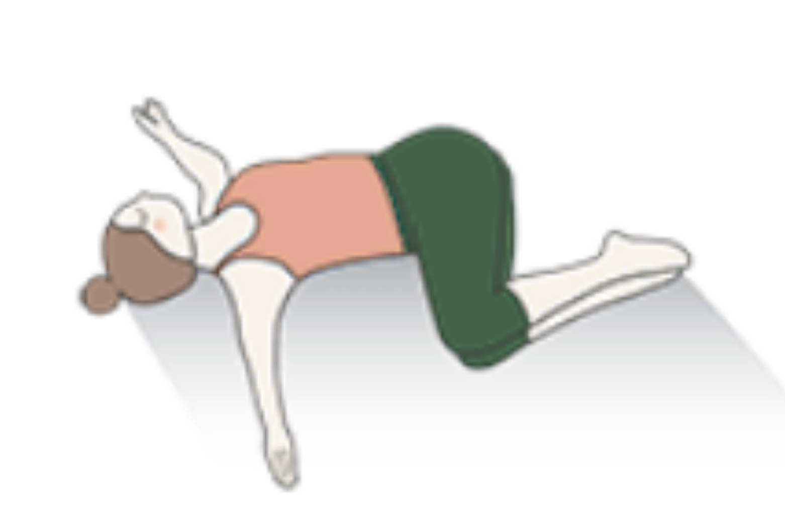 A simplified illustration of a woman lying on her side, with one arm extended and the other bent, wearing a pink top and green shorts.