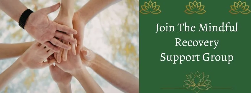 Multiple hands stacked together, symbolizing unity and support for the Mindful Recovery Support Group, with a green background and lotus flower graphics.