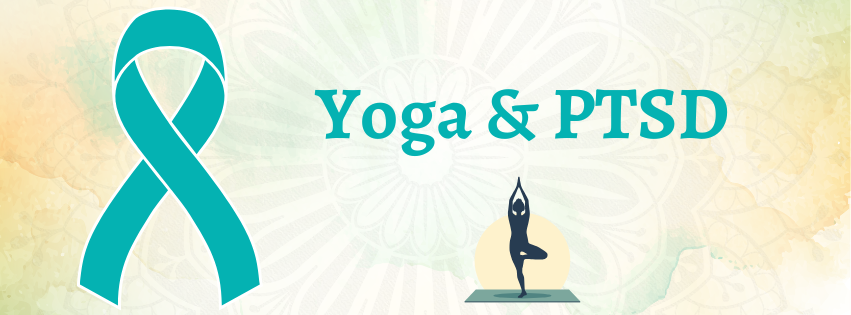 A teal ribbon with a person practicing yoga on a mat, with the text 'Yoga & PTSD' on a light, patterned background.