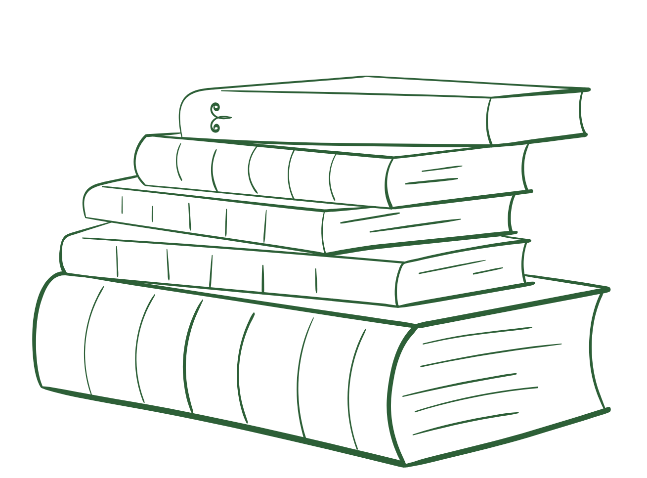 Stack of five hardcover books with visible spines, drawn in simple line art style.