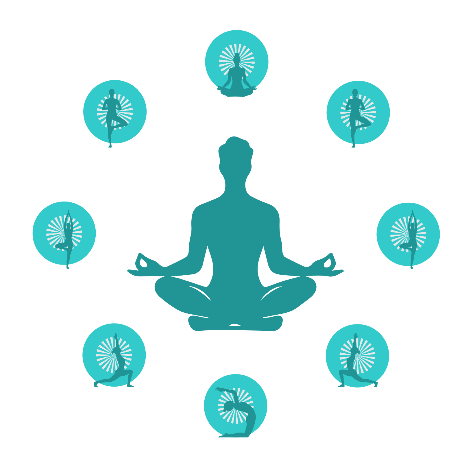 Illustration of a person in a seated meditation pose, surrounded by smaller images of a woman in a yoga pose, in a circular arrangement.