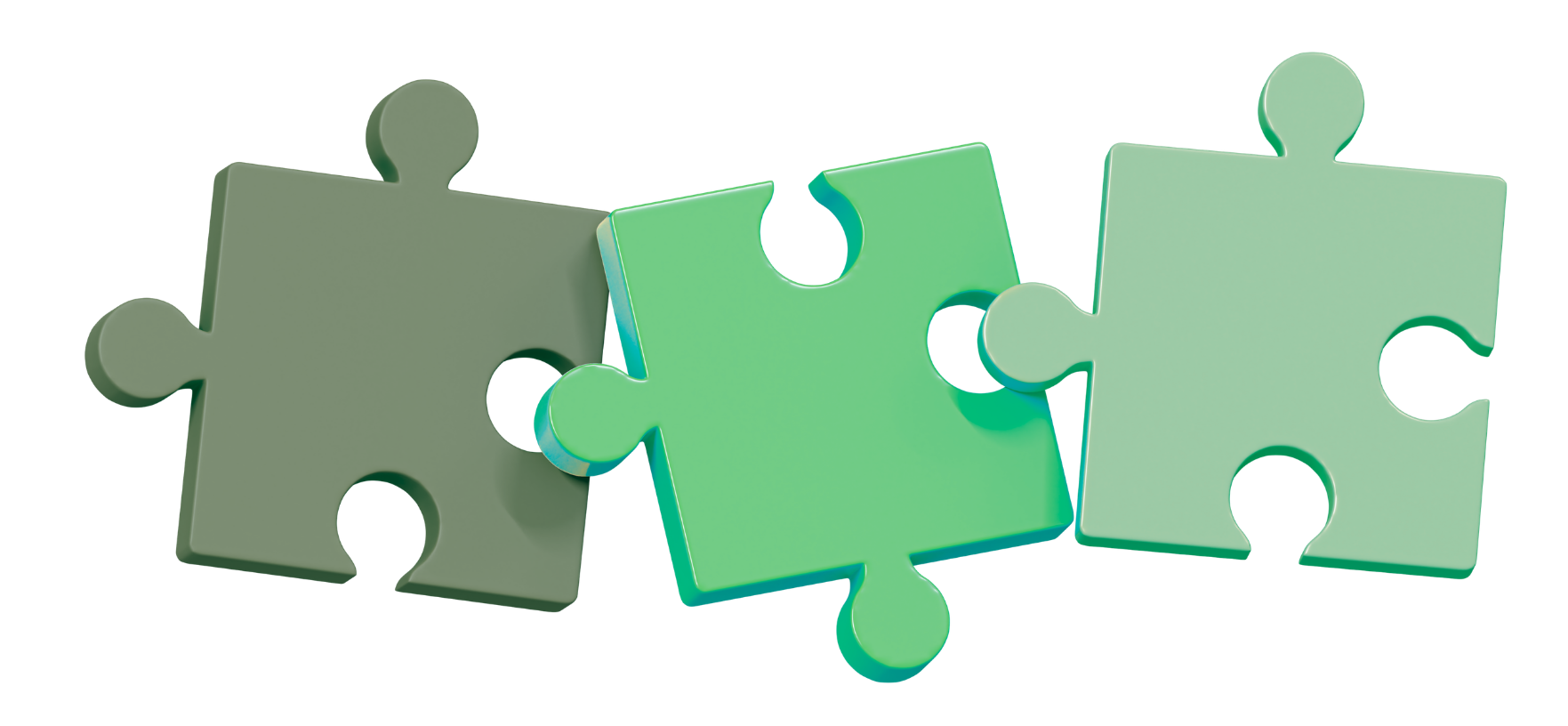 Three green jigsaw puzzle pieces connected together on a black background.