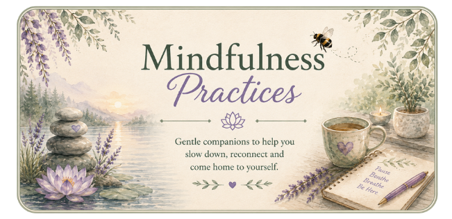A serene nature scene with a lake, lavender flowers, and stacked stones with a purple heart, accompanied by a cup of tea, a notebook with a lavender pen, and potted lavender plants, promoting mindfulness practices.