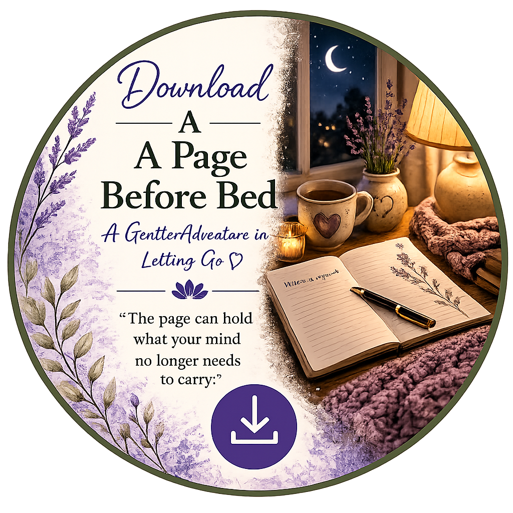 A cozy night scene with an open journal and a pen on a bed, a cup of coffee, a vase of lavender, a lit candle, and a lamp, with a window showing a night sky with a crescent moon and stars.