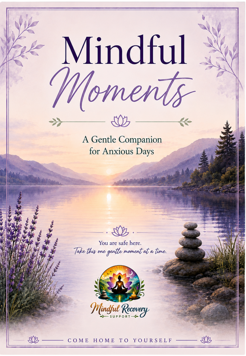 Book cover titled "Mindful Moments" with a purple and lavender color scheme, featuring a tranquil lake scene at sunset with mountains, trees, lavender flowers, and stacked rocks, promoting mindful recovery and calmness.